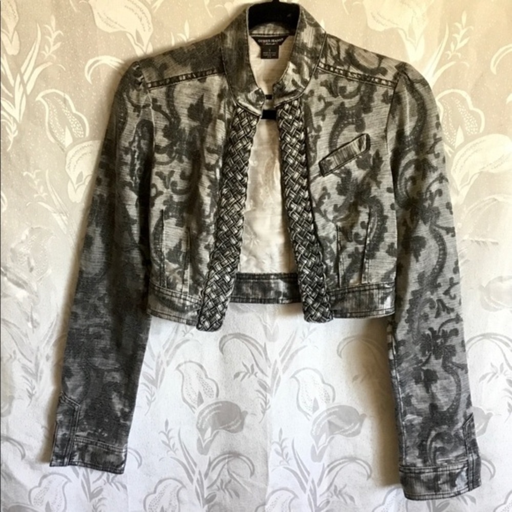 Womens Cropped Patterned Jacket - Gray And Slight Metallic Silver